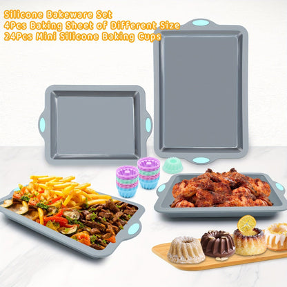 Silicone Baking Pans Set 4-Piece, Nonstick Bakeware with Metal Reinforced Frame, Includes Baking Sheet