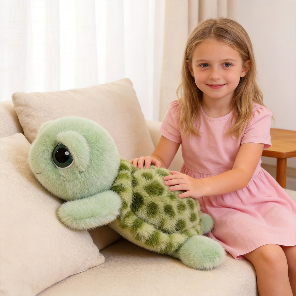 Stuffed Animal Big-Eye Turtle Pillow in 15.75-Inch Size with Melancholy Face and Soft Plush Fabric