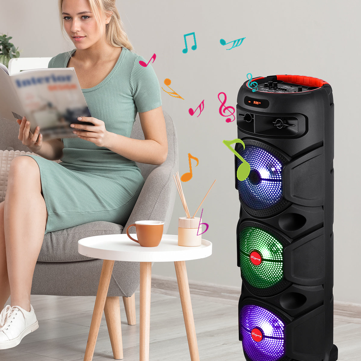 Triple 8-Inch Subwoofer PA Party Speaker with Wireless Stereo Pairing, LED Color Lights, FM Radio