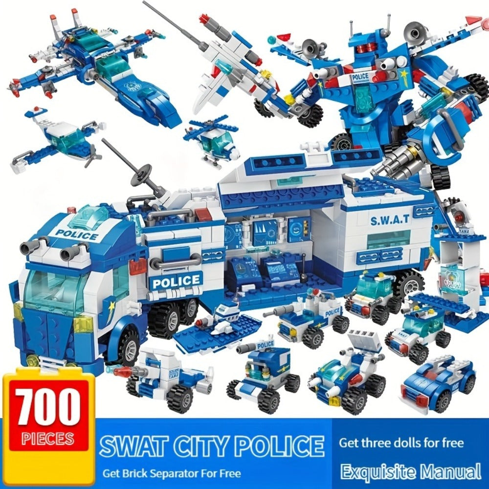 City Police Building Blocks Set 700 Pieces, Patrol Car Truck with Action Figures, Brick Toy for Boys Role Play STEM