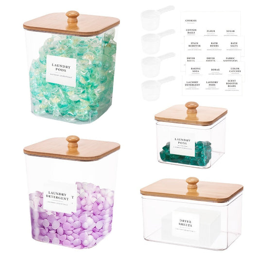 Laundry Pod Containers Set of 4 with Lids Scoops and Labels for Entryways, Bedrooms and Living Spaces