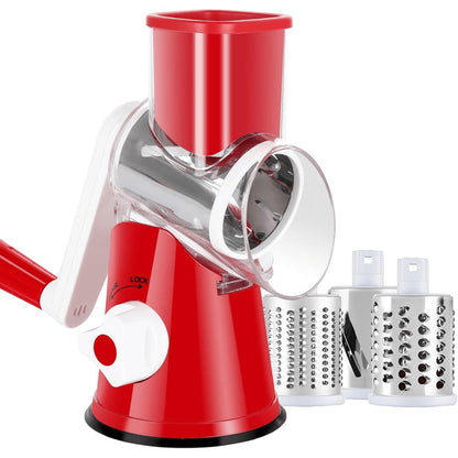 Rotary Cheese Grater, Stainless Steel Hand Crank Shredder with 3 Interchangeable Blades, Suction Base & Cleaning Brush