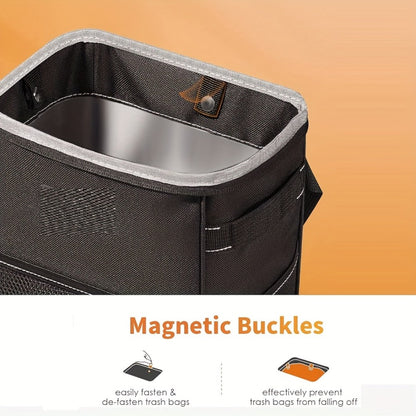 Structured Car Trash Bin with Lid, Silver-Tone Lining, Magnetic Buckles and Three Mesh Pockets