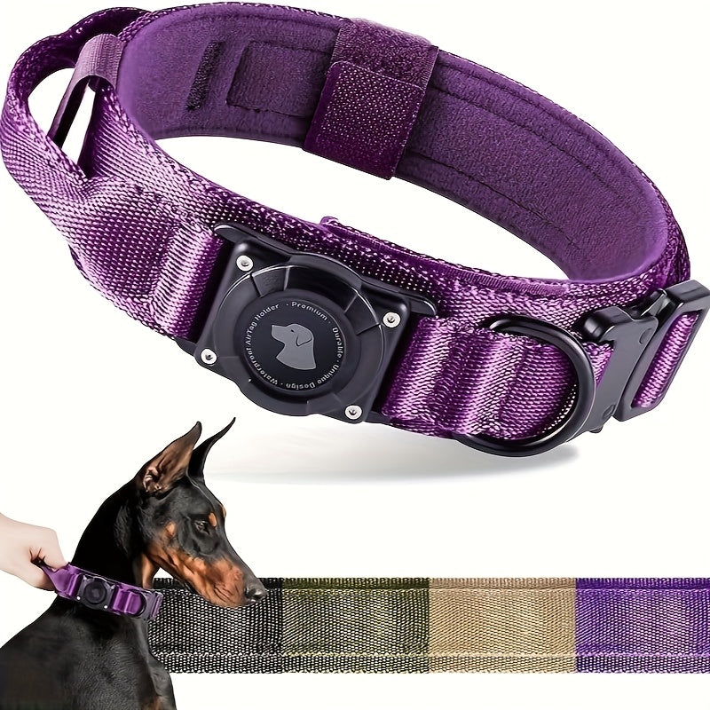 Tactical Dog Collar with Handle and Round Tracker Holder Case in Nine Colors and Sizes M to XL