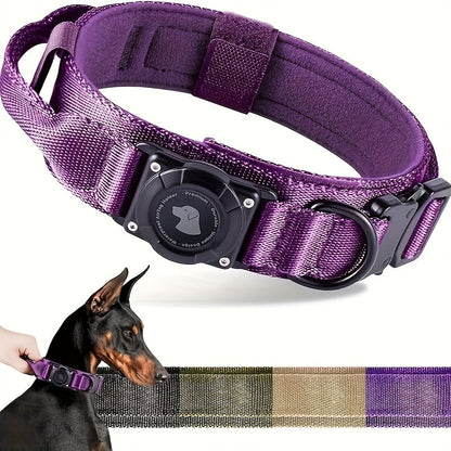 Tactical Dog Collar with Handle and Round Tracker Holder Case in Nine Colors and Sizes M to XL