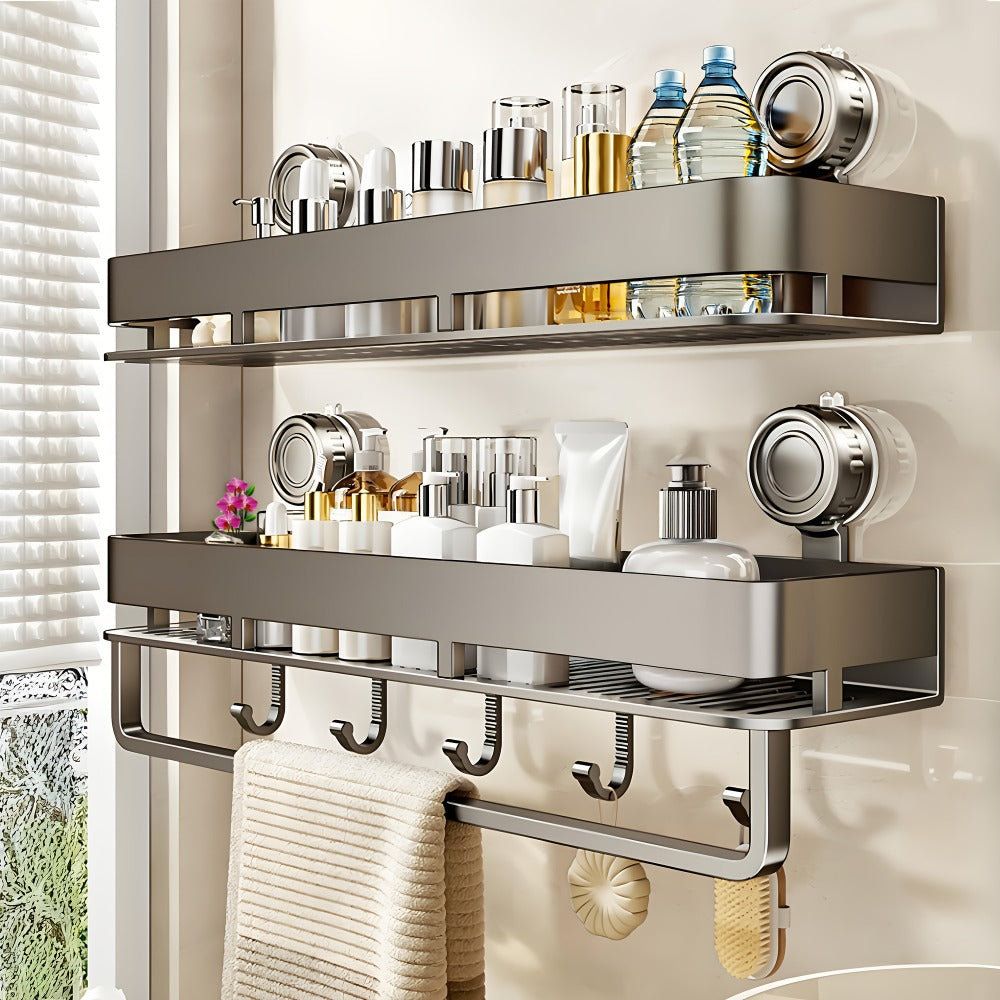 Suction Cup Shower Caddy with Towel Holder Bar, Wall-Mounted Bathroom Shelf Organizer for Shampoo Soap, Heavy-Duty Floating Shower Shelves