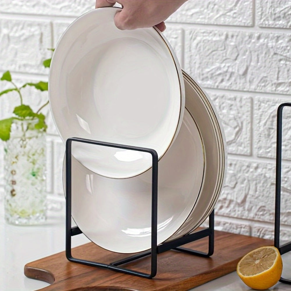 Four-Piece Black Dish Rack Set with Individual Plate Holders for Cabinets, Shelves or Kitchen Countertops