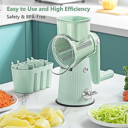 Rotary Cheese Grater with Interchangeable Blades, 5-in-1 Manual Vegetable Slicer Shredder Set, Suction Cup Base