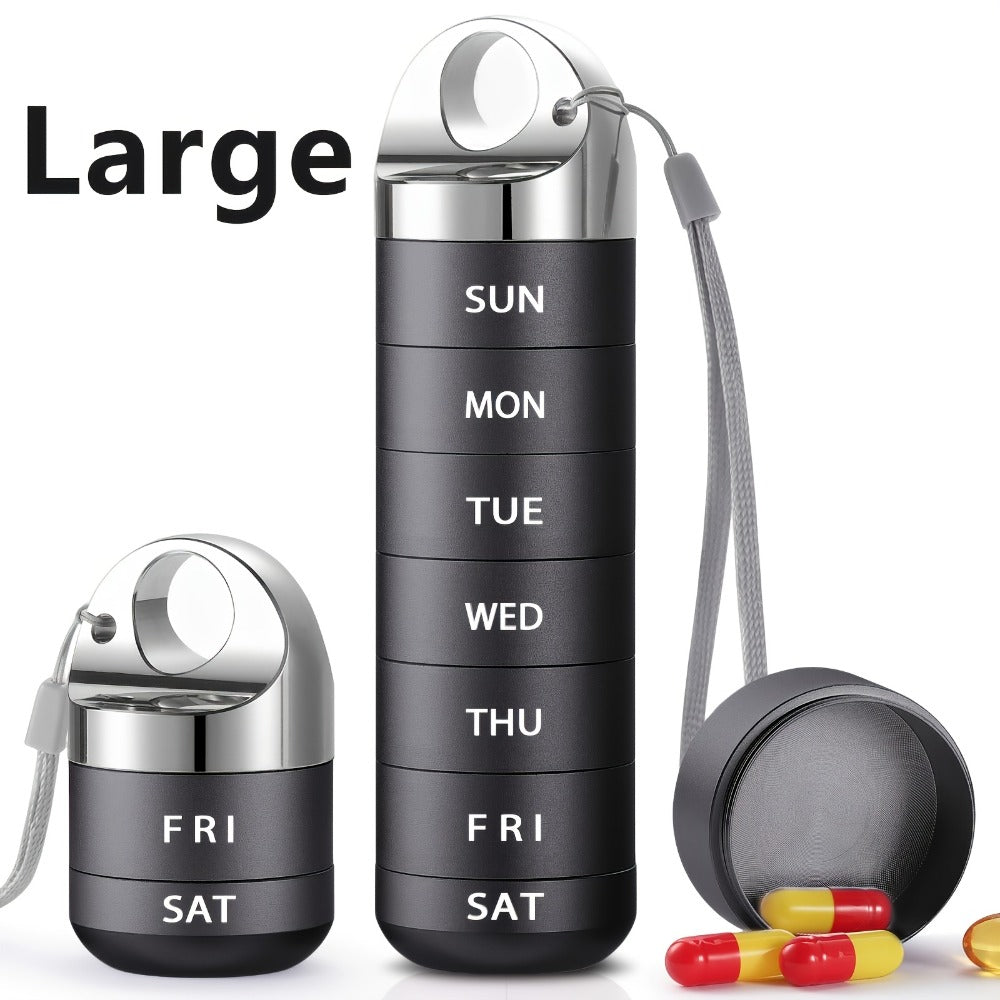 Weekly Pill Organizer, Large Aluminum Alloy 7-Day Pill Box for Medications Vitamins Supplements, Portable Travel Pill Case