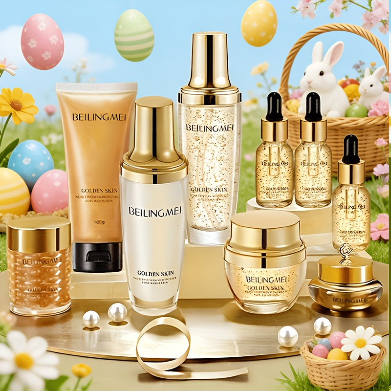 Skincare Set with BEILINGMEI Label, 9 Golden-Skin Collagen Hyaluronic Acid and Niacinamide Items