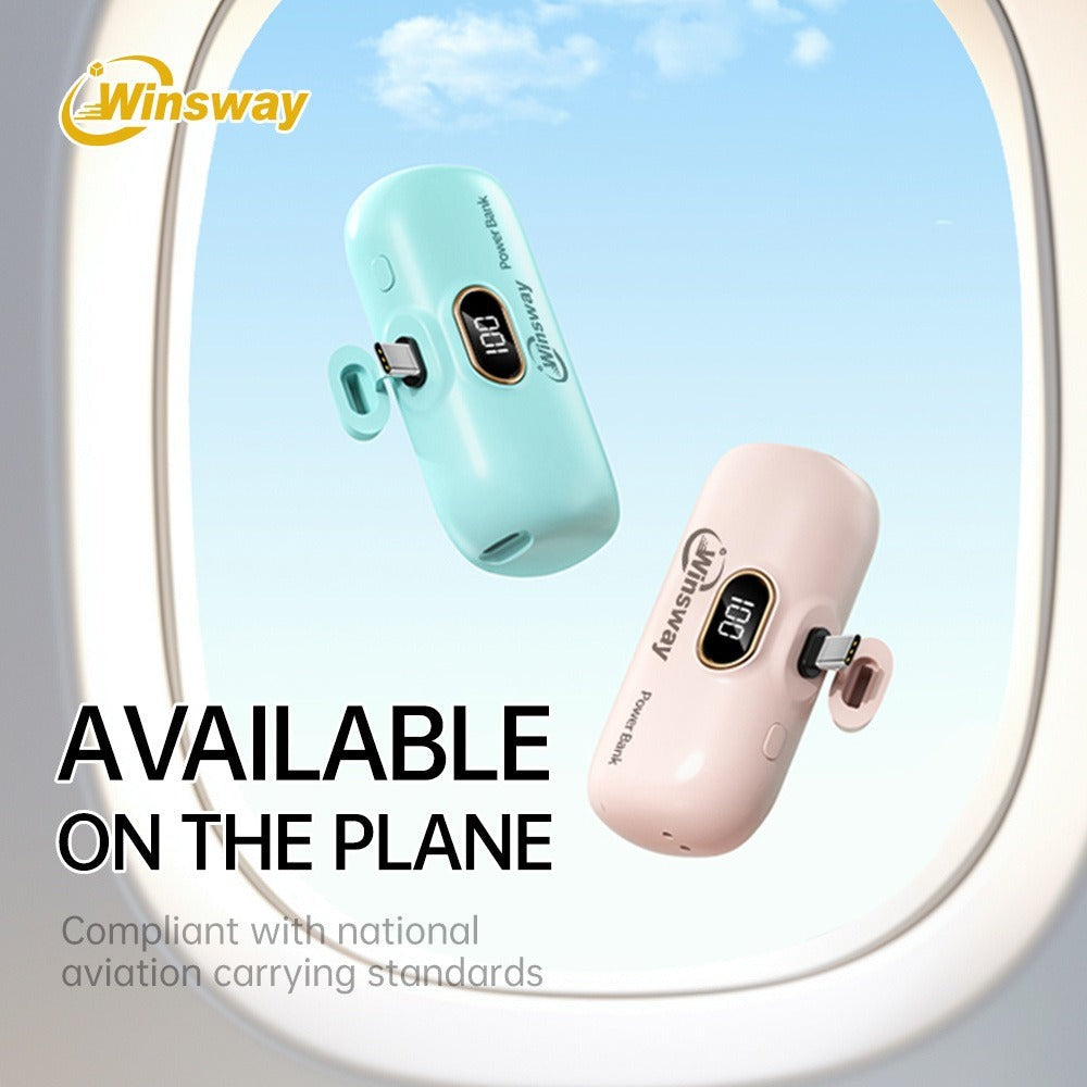 Power Bank 5000mAh Mini USB-C Plug-In Style with Digital Display in Pink or White for Travel