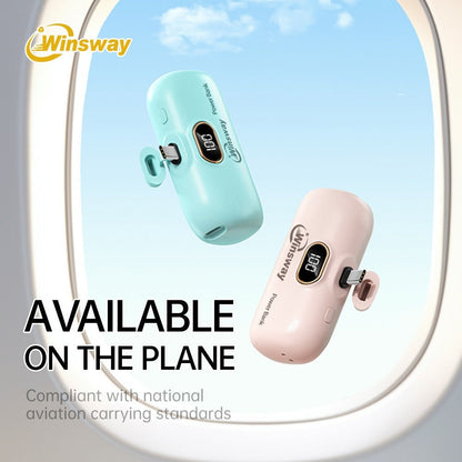 Power Bank 5000mAh Mini USB-C Plug-In Style with Digital Display in Pink or White for Travel