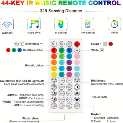 RGB LED Strip Light Kit in 50ft to 260ft Lengths with Color Modes, Dimming and 44-Key Remote