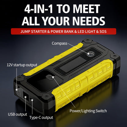 Portable Car Jump Starter with Tire Inflator – 3000A Peak 12V Battery Booster, USB Power Bank, LED Emergency Light
