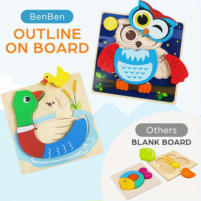 Baby Animal Wooden Puzzles for Toddlers 8 Pack, Infant Learning Toy 12 Months+, Bear Bunny Owl Frog Bee Duck Moose Raccoon