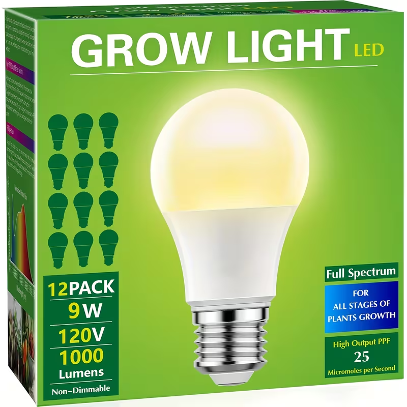 Grow Light Bulb A19 E26 Full Spectrum 9W 100W Equivalent | Natural White 4000K LED Plant Bulb for Indoor Plants Seed Starting | 2 4 6 12