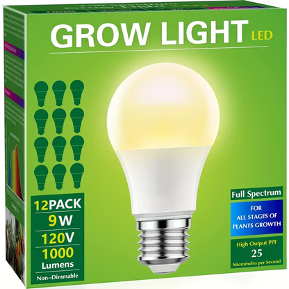 Grow Light Bulb A19 E26 Full Spectrum 9W 100W Equivalent | Natural White 4000K LED Plant Bulb for Indoor Plants Seed Starting | 2 4 6 12