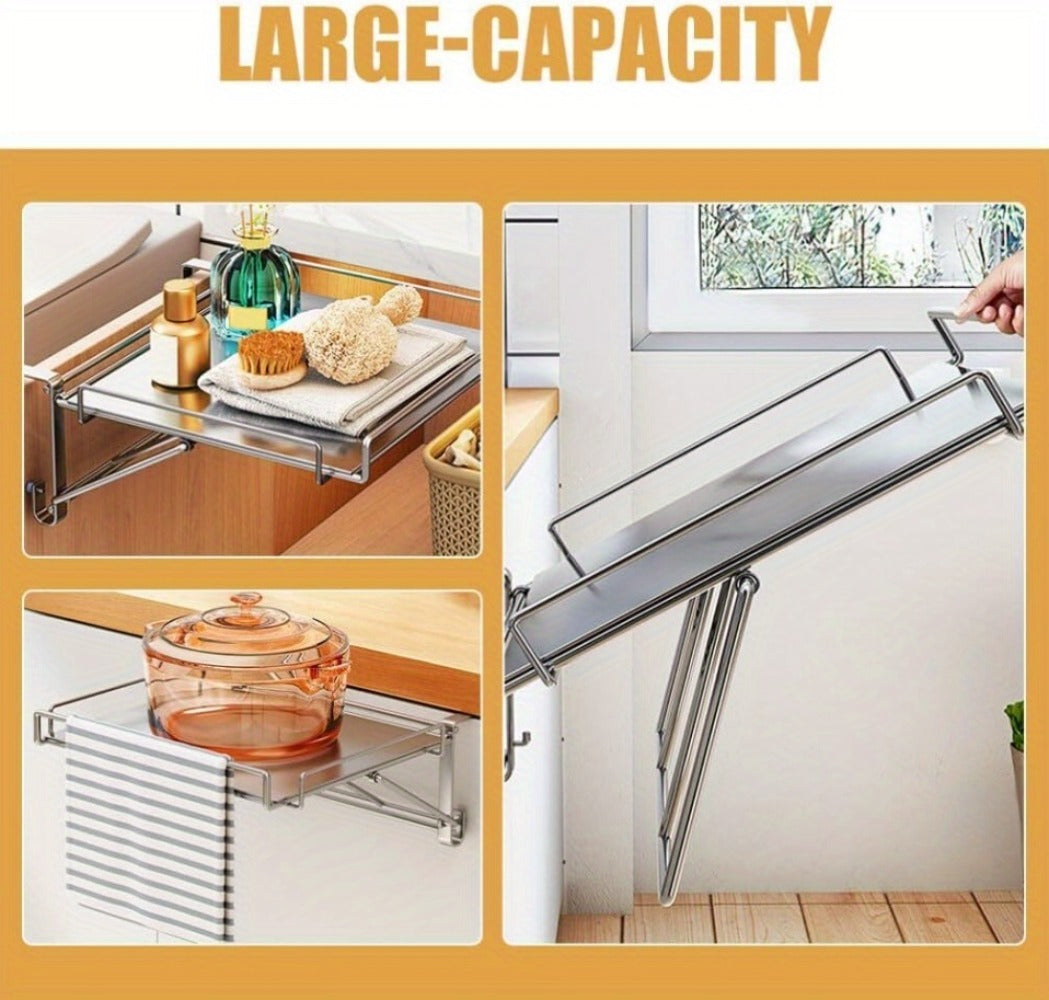 Foldable Stainless Steel Kitchen Storage Rack, Cabinet Door Organizer & Countertop Shelf for Kitchen