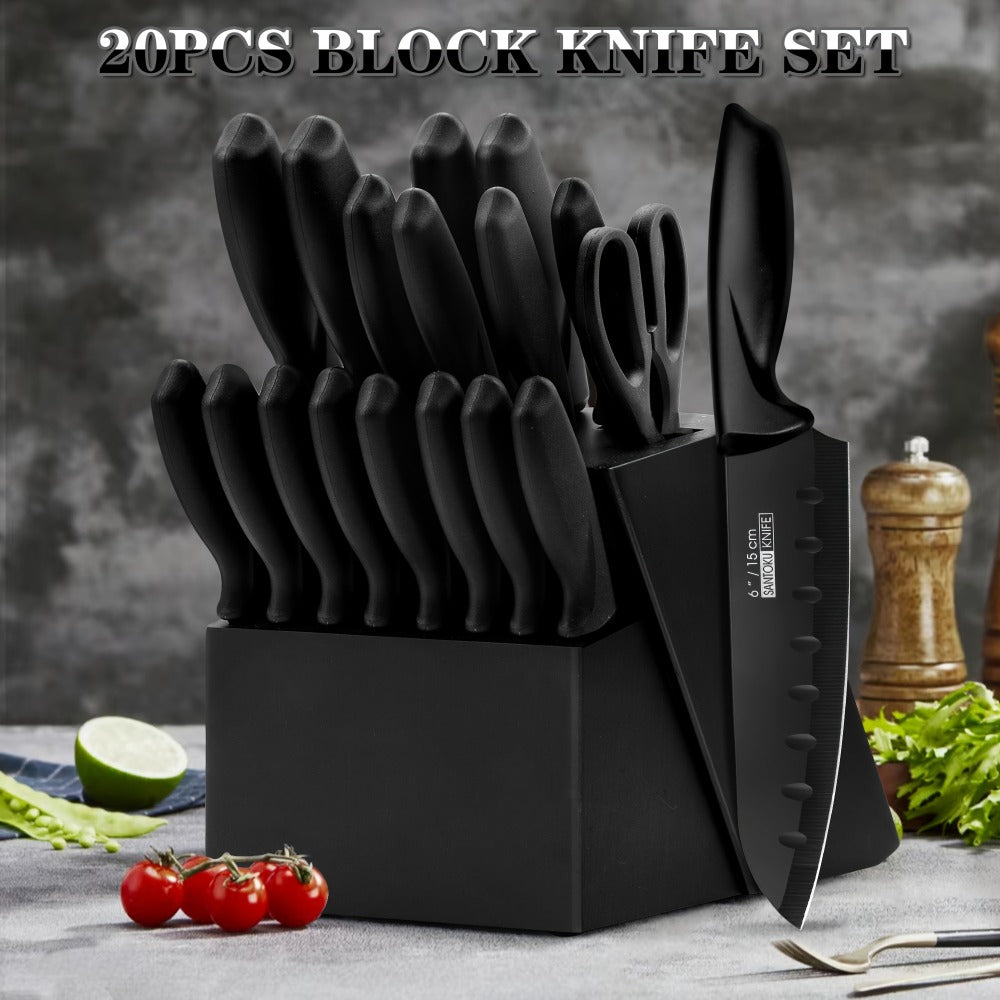 Kitchen Knife Set 15-Piece & 20-Piece Professional Chef Knives with Block Sharpener Ultra-Sharp Medium Carbon Stainless Steel Hammered Blade