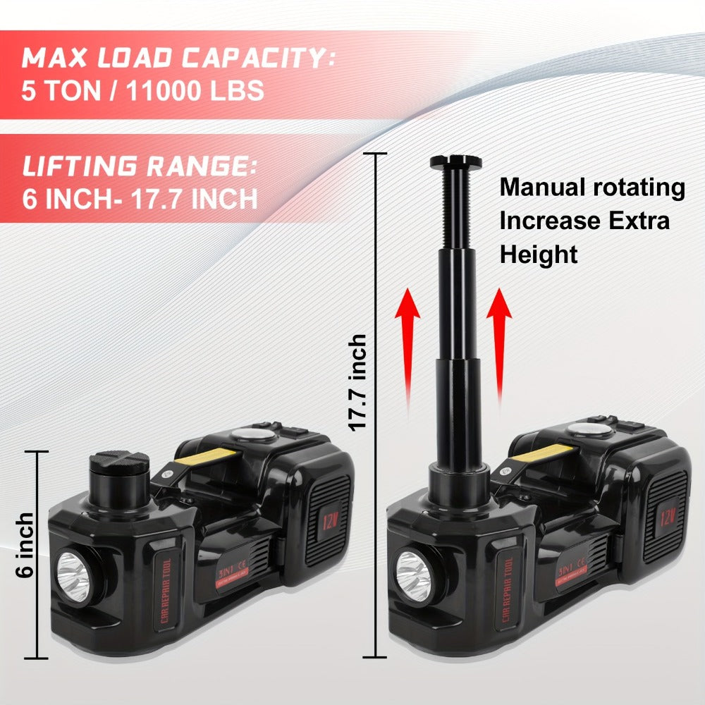 Electric Car Jack Kit 5 Ton 12V Hydraulic Lift – 6.1–17.7" Range with Impact Wrench for SUV Sedan Truck Tire Change & Garage Repair