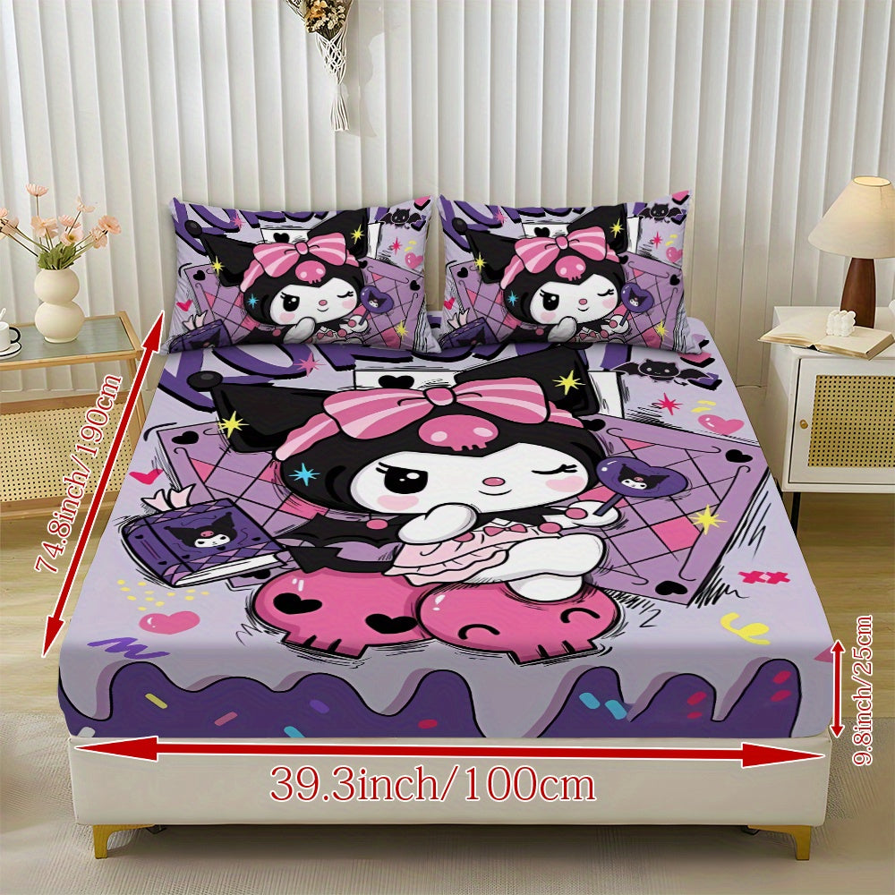 Sanrio Hello Kitty & Kuromi Bedding Set 3pcs, Fitted Sheet & Pillowcases, Polyester, Twin Full Queen King