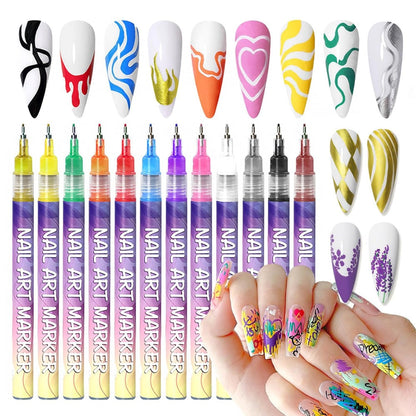 Nail Art Pens 12-Piece Water-Based Marker Set with 0.5mm Fine Tips for Lines and Small Decorative Details