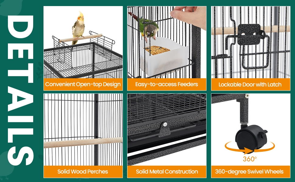 Bird Cage with Rolling Stand Open Top 31 Inch Wrought Iron Black – Slide Out Tray Feeder Doors, for Everyday Bird and Small Animal Care