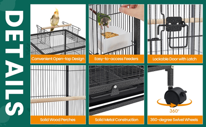 Bird Cage with Rolling Stand Open Top 31 Inch Wrought Iron Black – Slide Out Tray Feeder Doors, for Everyday Bird and Small Animal Care