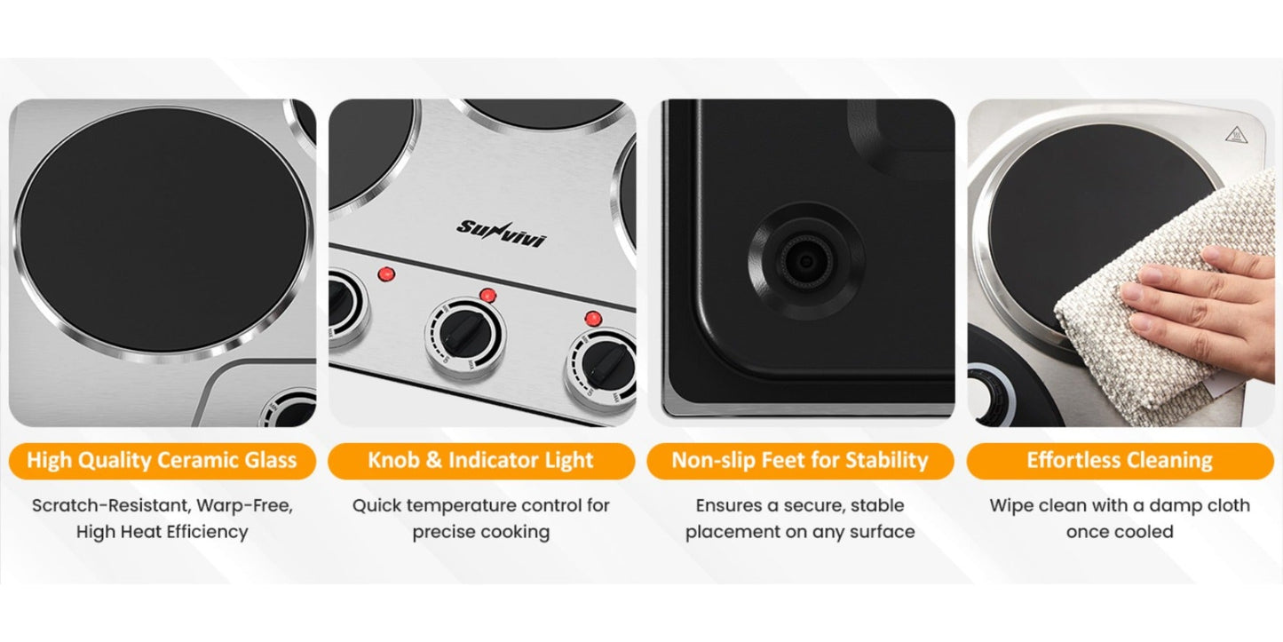 Portable Electric Cooktop Triple Burner 1800W, Royalcraft Countertop Electric Stove with Knob Control