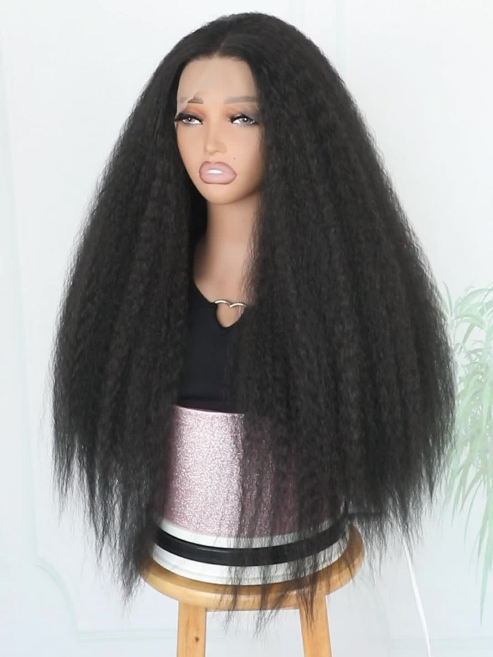 Synthetic Wig 26-Inch Black Kinky-Straight Yaki with HD Lace Front, Glueless Cap and with Item-Specific Color, Length, Texture and Cap