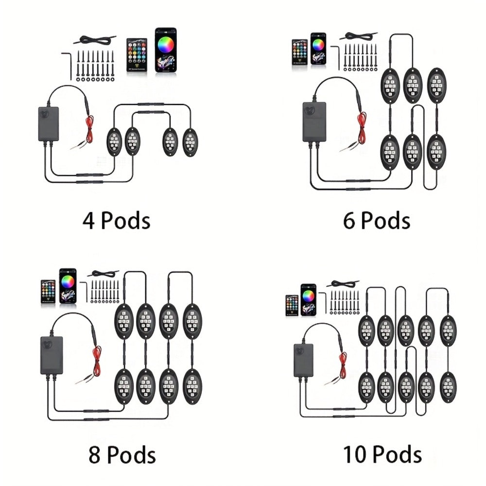RGB Rock Lights Kit for Trucks & Cars, Sound-Activated LED Underbody Lights with APP & Remote Dual Control