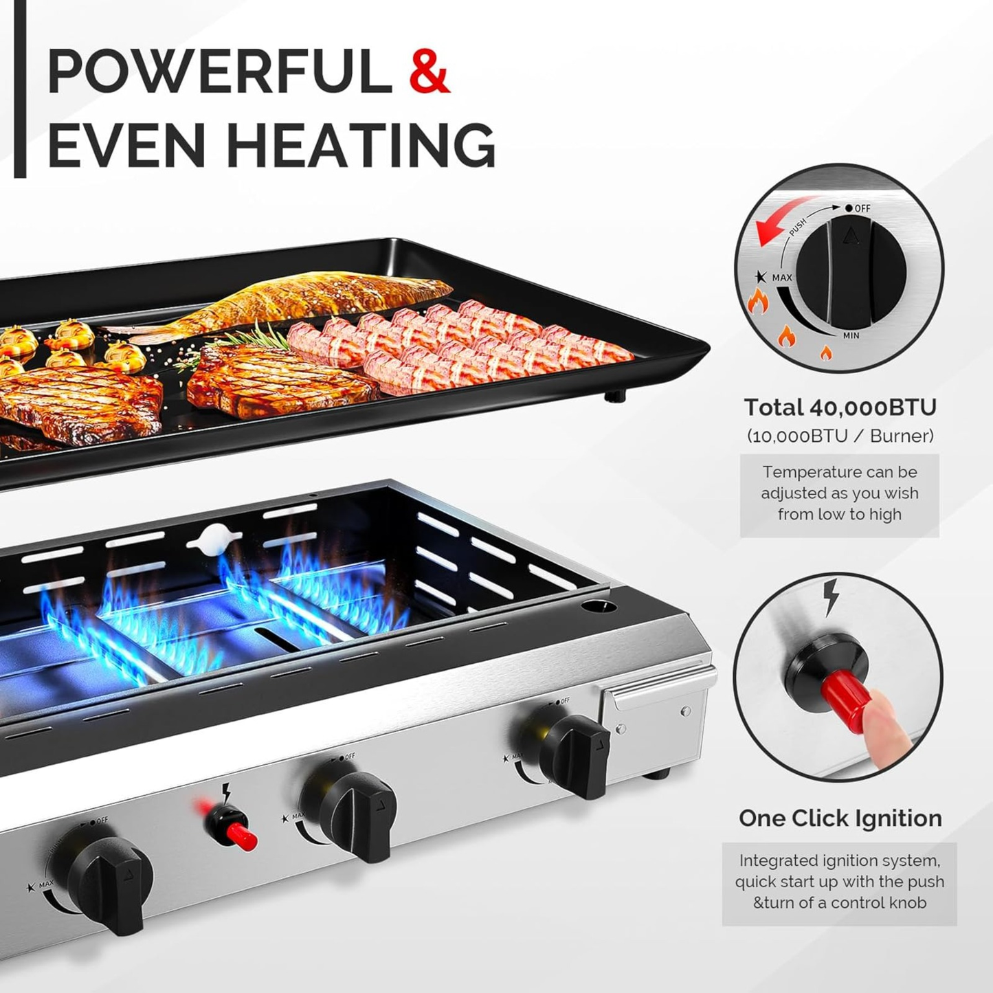 Flat Top Griddle Propane Tabletop 2 or 4 Burner, 20000 BTU Portable Gas Grill with Nonstick Enamel Tray