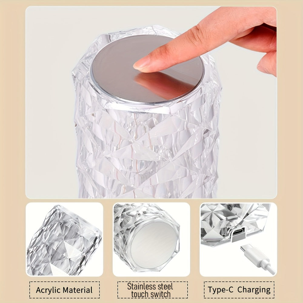 Crystal Diamond Rose Table Lamp RGB LED, Remote & Touch Control Dimmable USB Rechargeable Uplight for Home