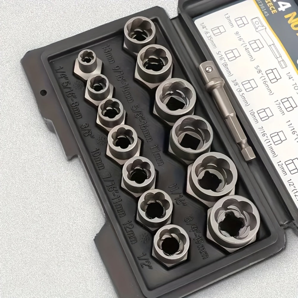 Nut Extractor Kit 14pcs, Damaged Bolt & Nut Remover Set with 13 Stripped Nut Extractors & 1 Hex Socket Adapter