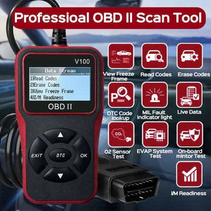 V100 OBD2 Scanner with Four-Line Menu, 12.4 x 7cm Body, Tethered 16-Pin Plug and Four Color Options