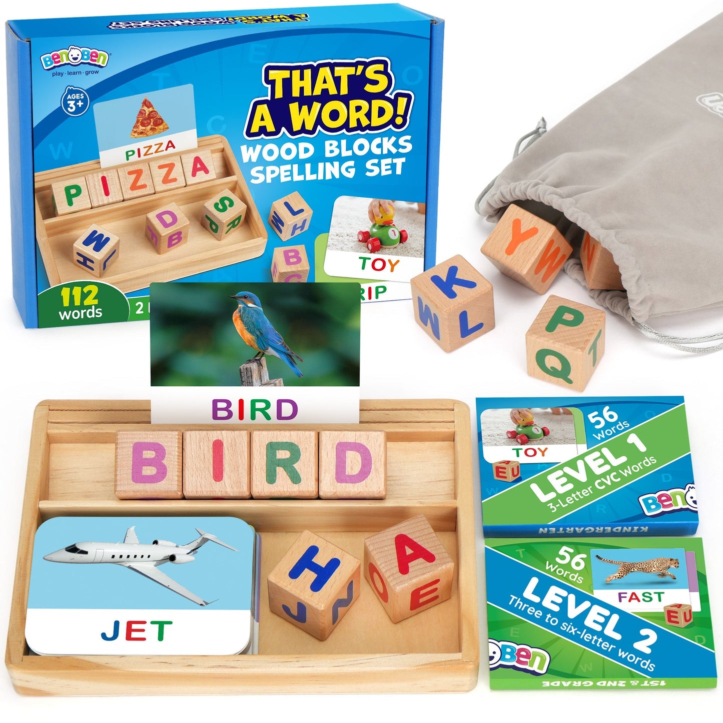 Phonics Word Builder Kit 110+ CVC Flash Cards 10 Letter Blocks Wooden Tray Spelling Matching Game | Learn to Read Toy for Preschool