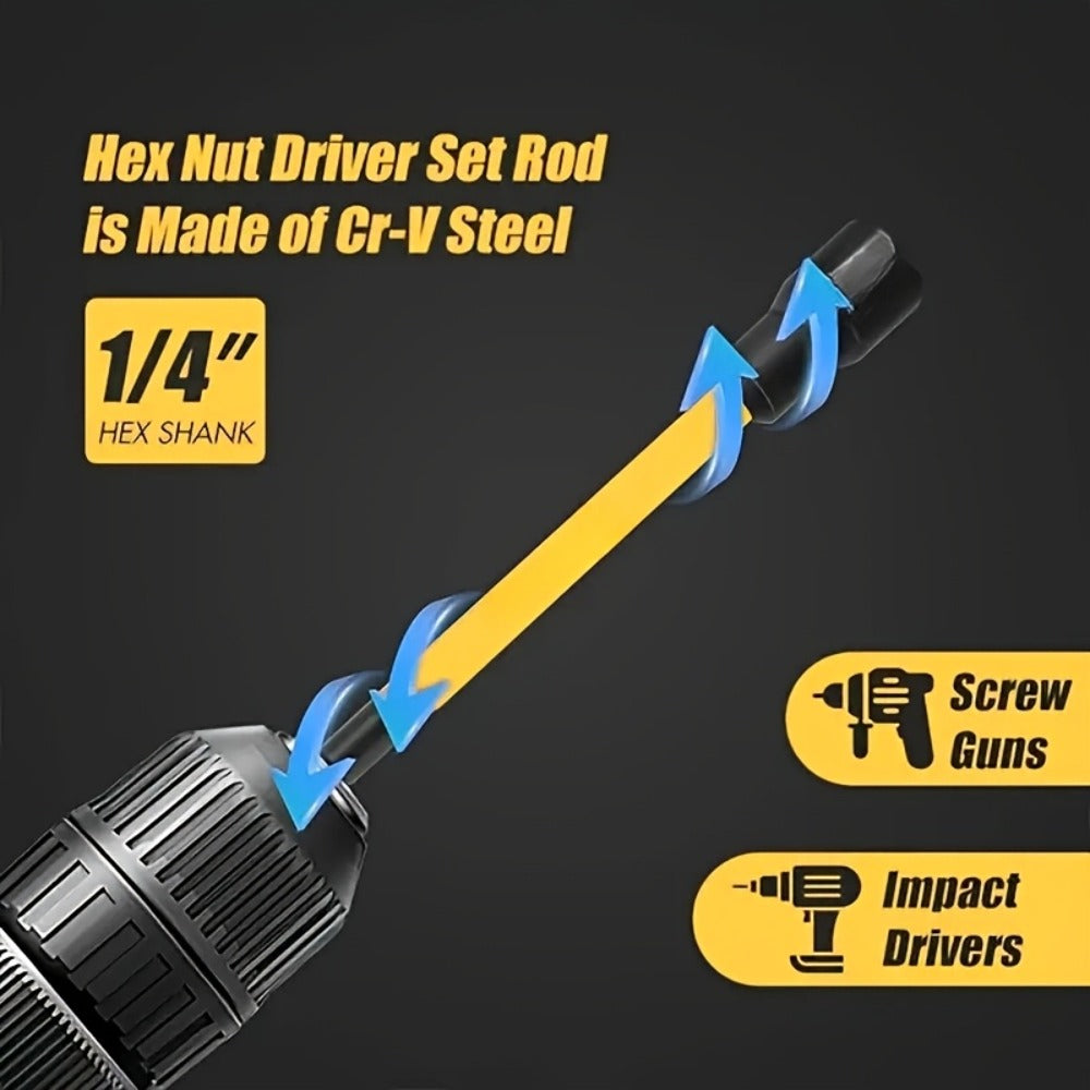 Magnetic Nut Driver Set 18-Piece, Impact-Ready Extra Long Hex Shank, SAE & Metric CR-V Steel Screwdriver Bit Kit for Power Drills