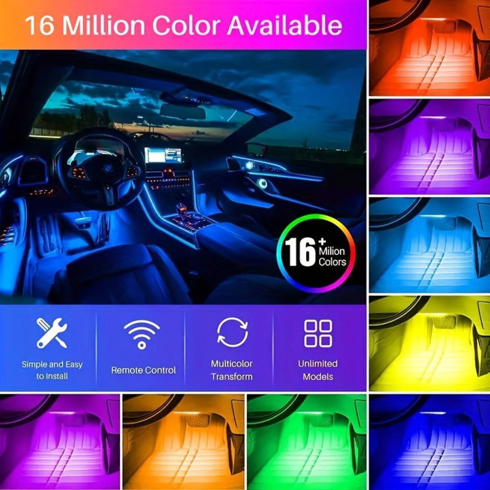 Four-Strip 48-LED RGB Car Interior Light Kit with App, Remote or USB and Remote Control Options