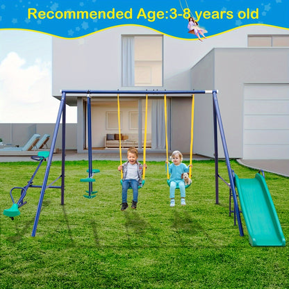 Heavy Duty A-Frame Metal Swing Set for Backyard with 2 Swings Slide Glider Seesaw Disc Seat Outdoor Playset for Kids Toddlers Backyard Play