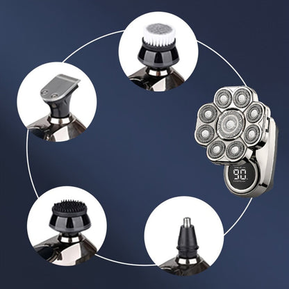 Nine-Head Rotary Electric Shaver Kit with Four Grooming Attachments, LED Display and Silver Finish