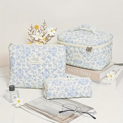 Quilted Makeup Bag Set 3 Pcs Floral Pattern Large Capacity Travel Cosmetic Organizer with Gold Zipper – Polyester Skincare Toiletry Pouch