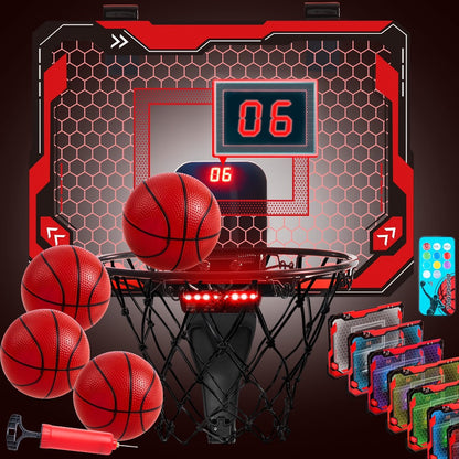 Indoor Basketball Hoop for Kids Over the Door, Light Up LED Scoreboard 4 Balls Air Pump 3 Game Modes 7 Light Shows