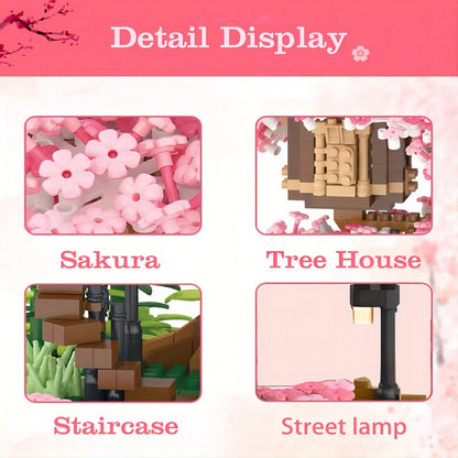 Building Block Set Cherry Blossom Tree House, 1020 or 2028 Micro Pieces with Pink Canopy and Base Display