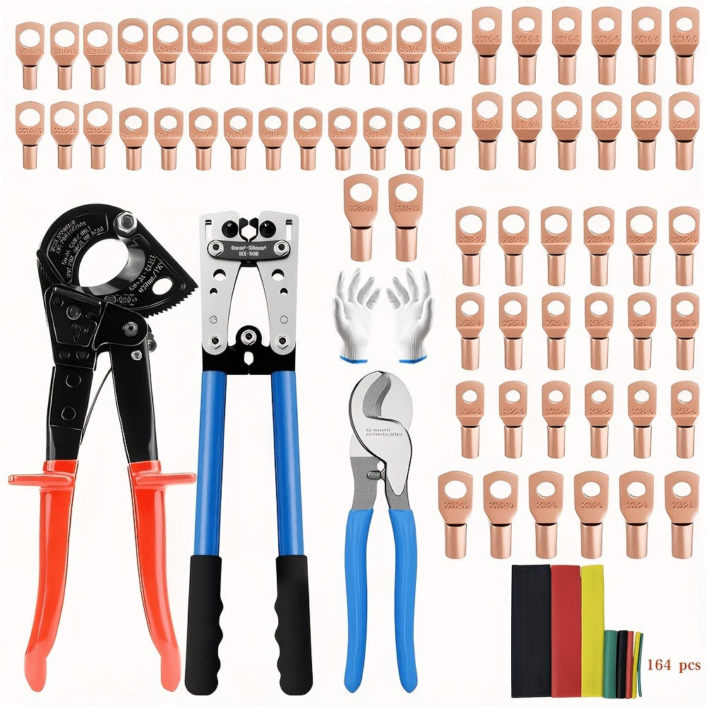 Battery Cable Lug Crimping Tool Set AWG 8-1/0 Ratchet Crimper with Copper Wire Lugs, Heat Shrink Tubing