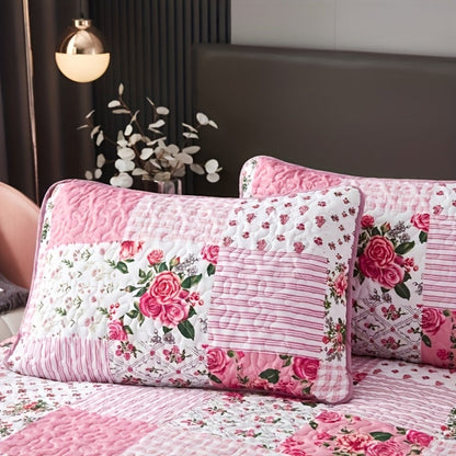 Bright Pink Floral Patchwork Three-Piece Bedspread Set with Twin, Full-Queen and King Size Options
