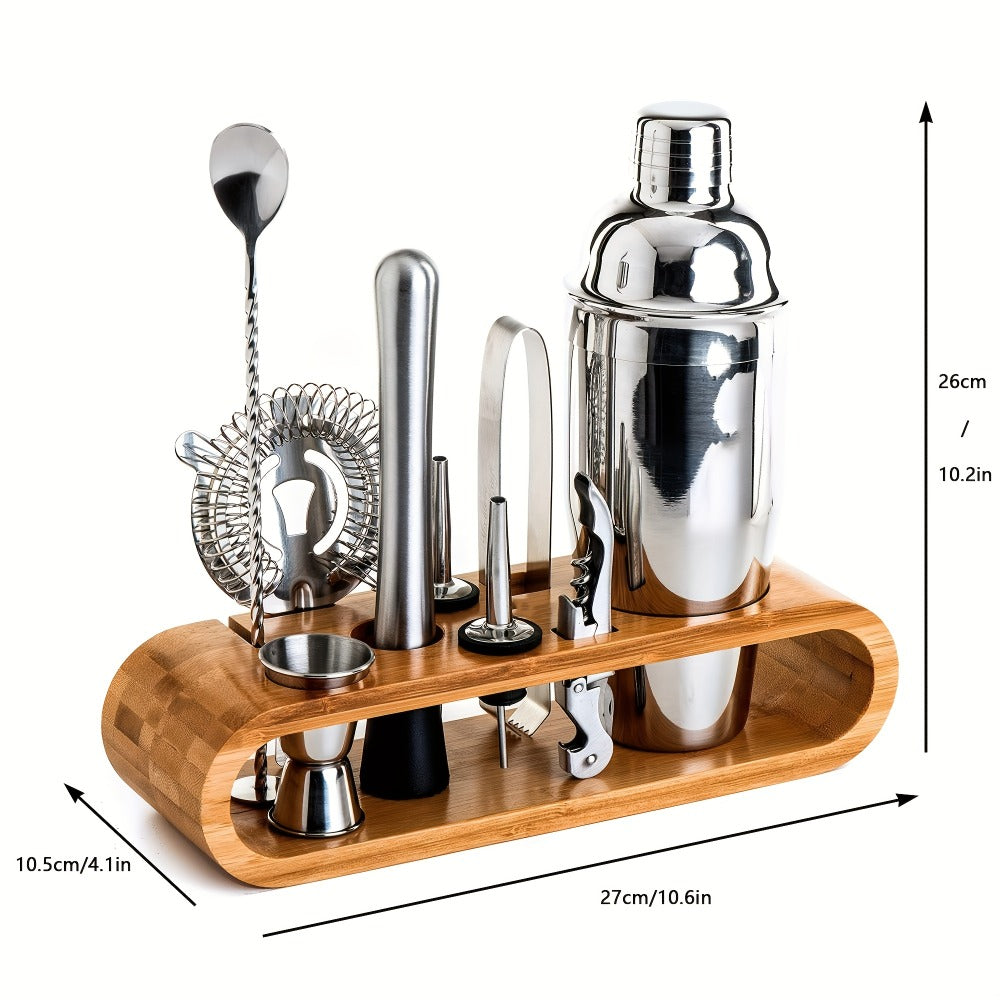 Bartender Set 10-Piece Stainless Steel Cocktail Shaker Bar Tool Kit with Bamboo Stand Home for Entryways, Bedrooms and Living Spaces