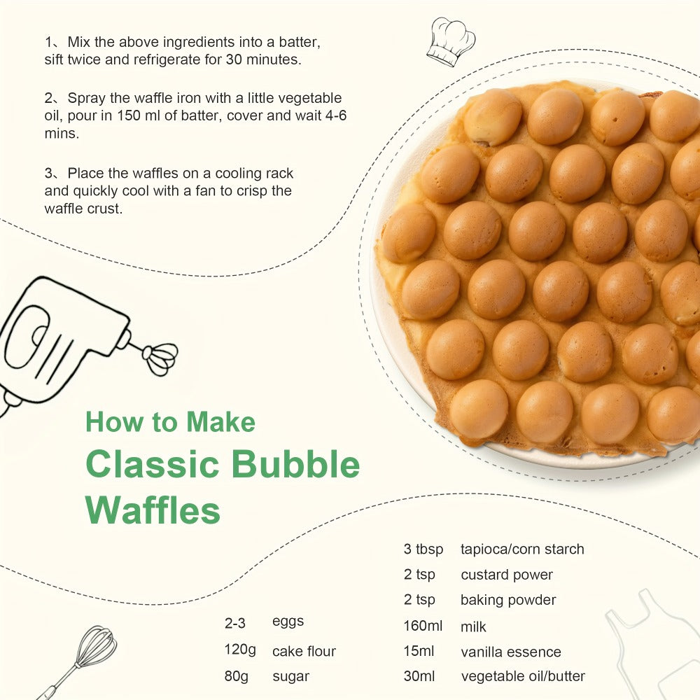Bubble Waffle Maker 7 Inch 1000W Electric Hong Kong Egg Waffle Maker Nonstick Coating Ready for Entryways, Bedrooms and Living Spaces