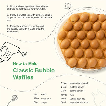 Bubble Waffle Maker 7 Inch 1000W Electric Hong Kong Egg Waffle Maker Nonstick Coating Ready for Entryways, Bedrooms and Living Spaces