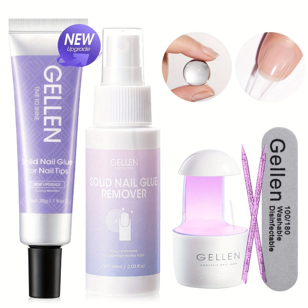 Press-On Nail Glue Gel Kit 30g with UV Lamp – Strong Long-Lasting Solid Nail Glue, 60ml Remover & Buffer for False Nails