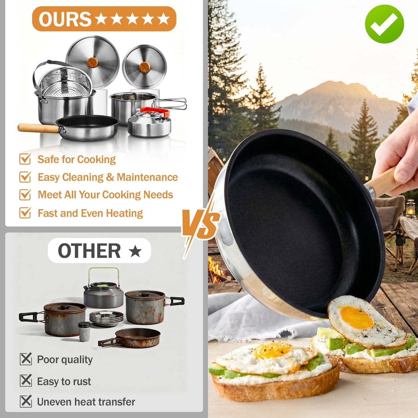Camping Cookware Set, 19- or 27-Piece Coated Aluminum Mess Kit with Pot, Pan, Kettle, Cups, Plates and Cutlery